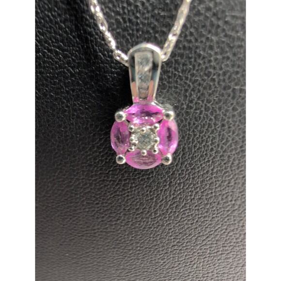 14K White Gold Pink Topaz & Diamond Pendant Necklace 18 Inch